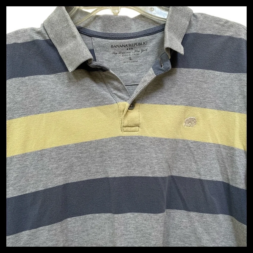 Banana Republic Mens Polo Shirt Striped Gray Blue Yellow Short Sleeve